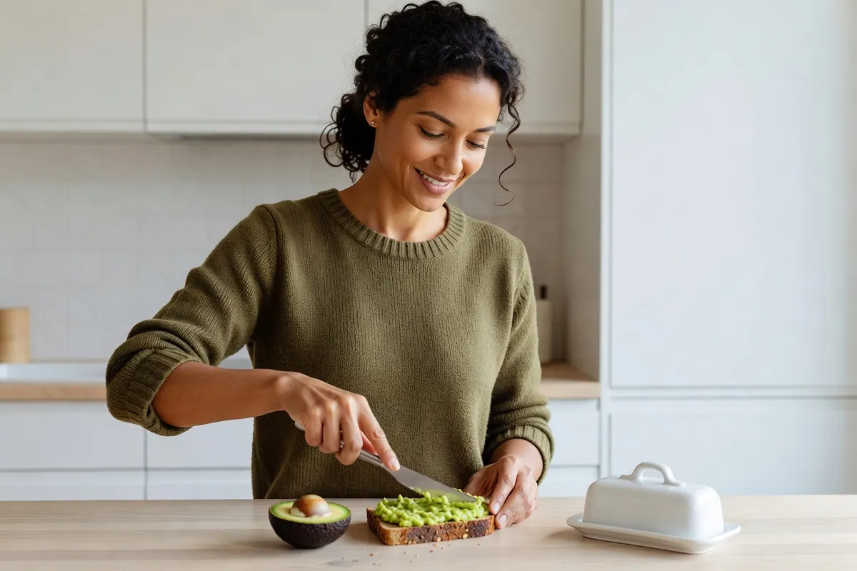 Femme qui remplace le beurre par de l'avocat écrasé sur une tartine de pain de seigle