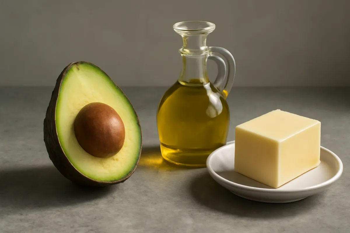 Avocats Hass coupés en deux près d'une bouteille d'huile d'olive et d'une plaquette de beurre sur un plan de travail en pierre