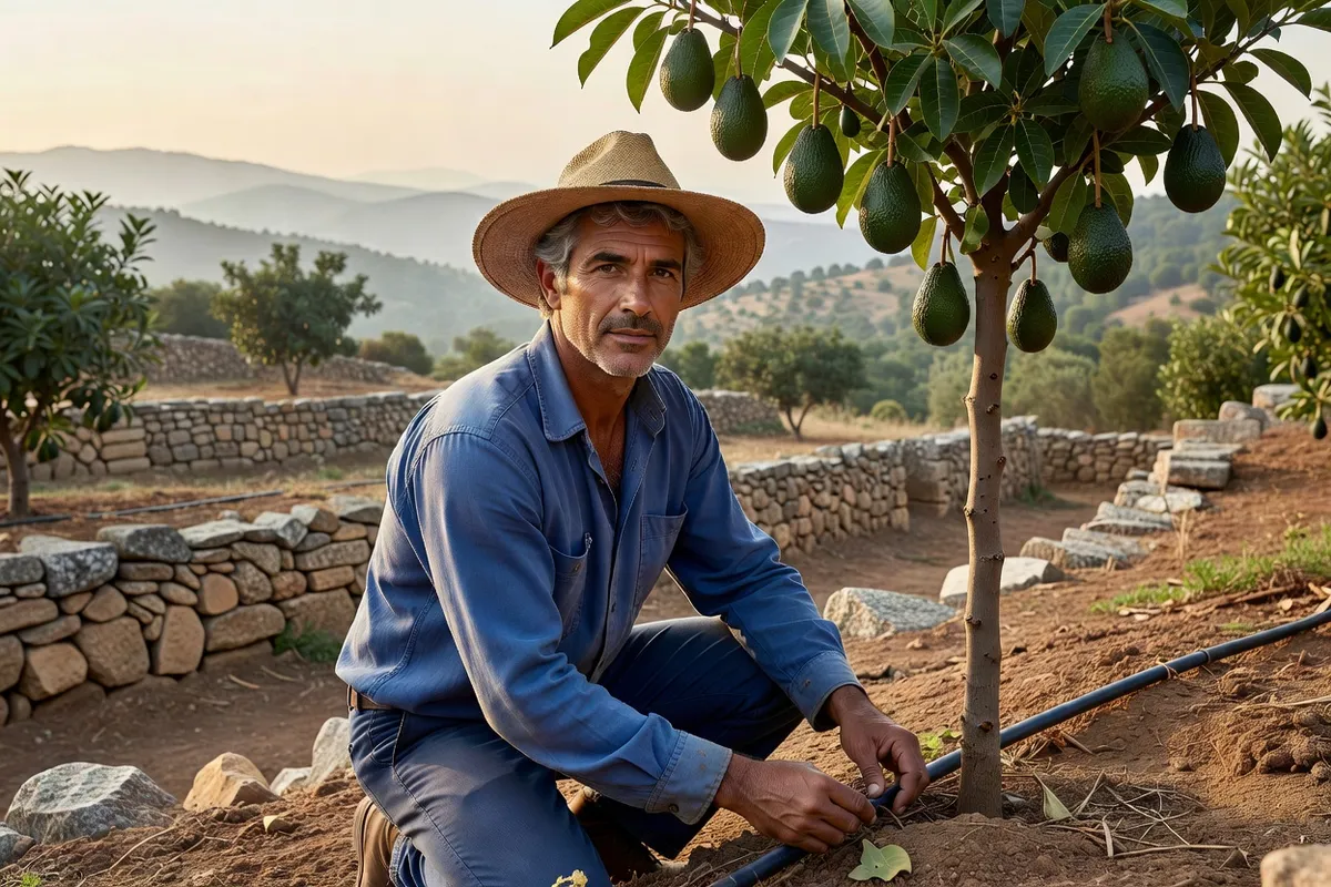 Agriculteur andalou vérifiant un goutte-à-goutte au pied d'un avocatier dans un verger en terrasses