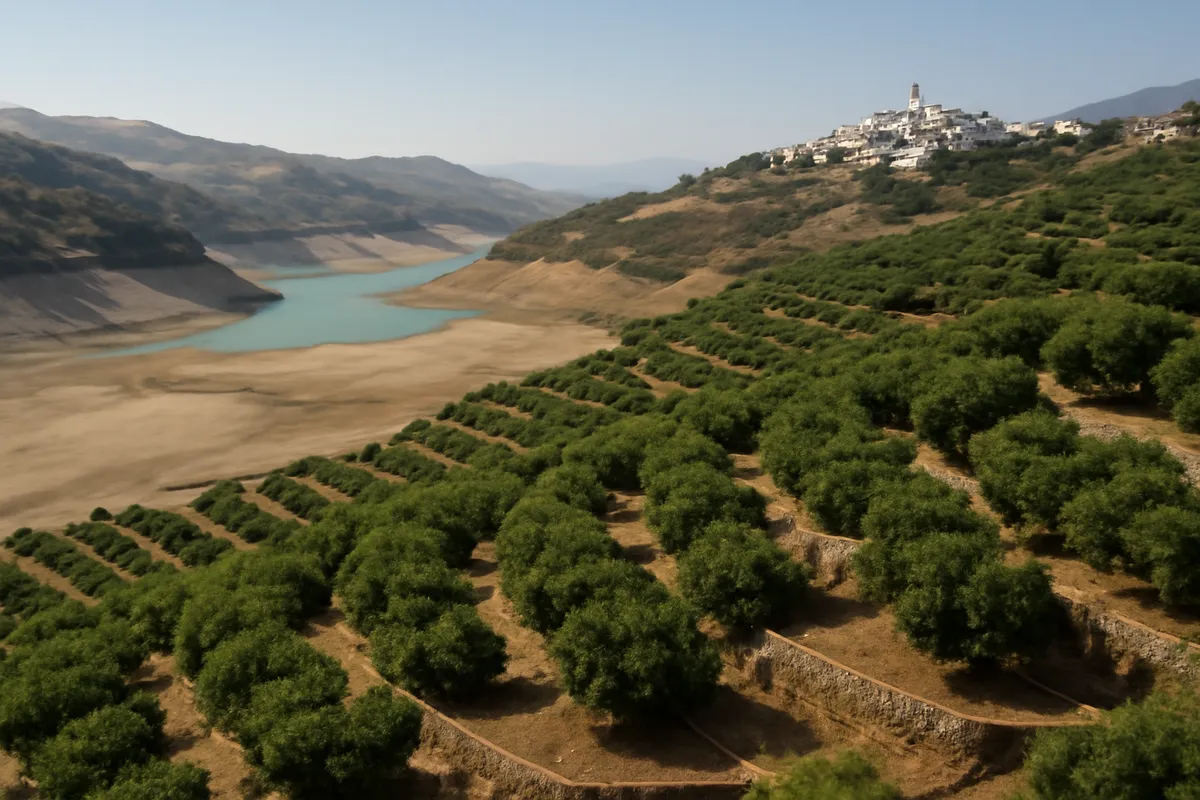Collines de l'Axarquía couvertes de vergers d'avocatiers en terrasses au-dessus d'un lac de barrage aux berges asséchées