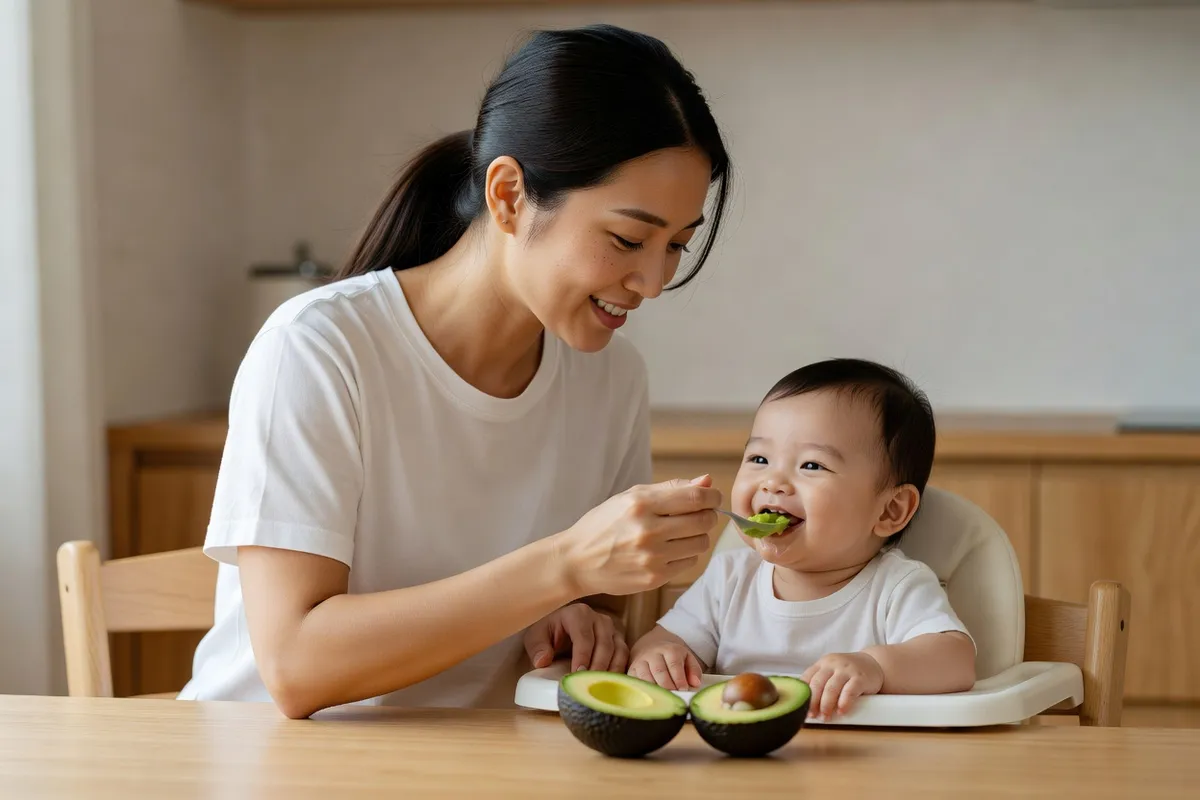 Jeune maman assise dans une cuisine claire donnant à son bébé une cuillerée de purée d'avocat vert tendre