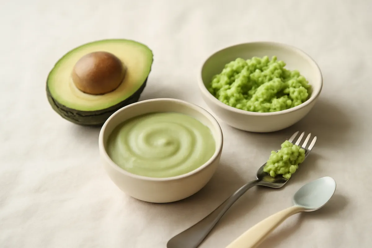 Demi-avocat Hass, petit bol de purée d'avocat, fourchette et cuillère pour bébé sur un plan de travail en lin crème