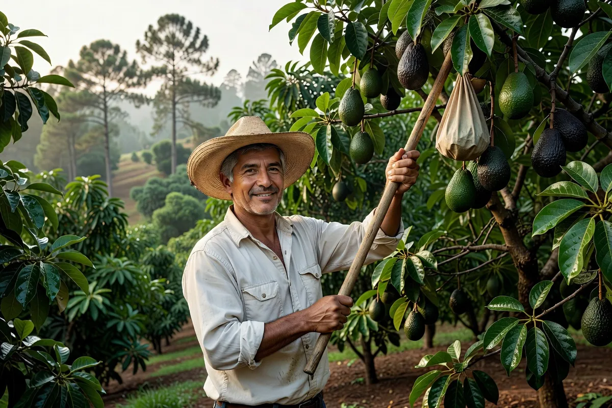 Cueilleur mexicain au chapeau de paille cueillant des avocats Hass à la perche dans un verger en pente du Michoacán
