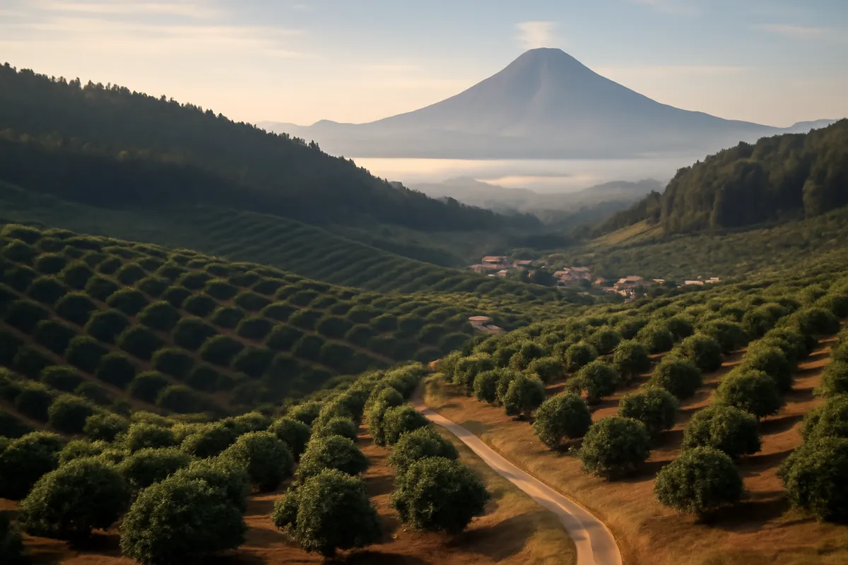 Vallée du Michoacán où les vergers d'avocatiers vert sombre bordent une forêt de pins, volcan éteint à l'horizon