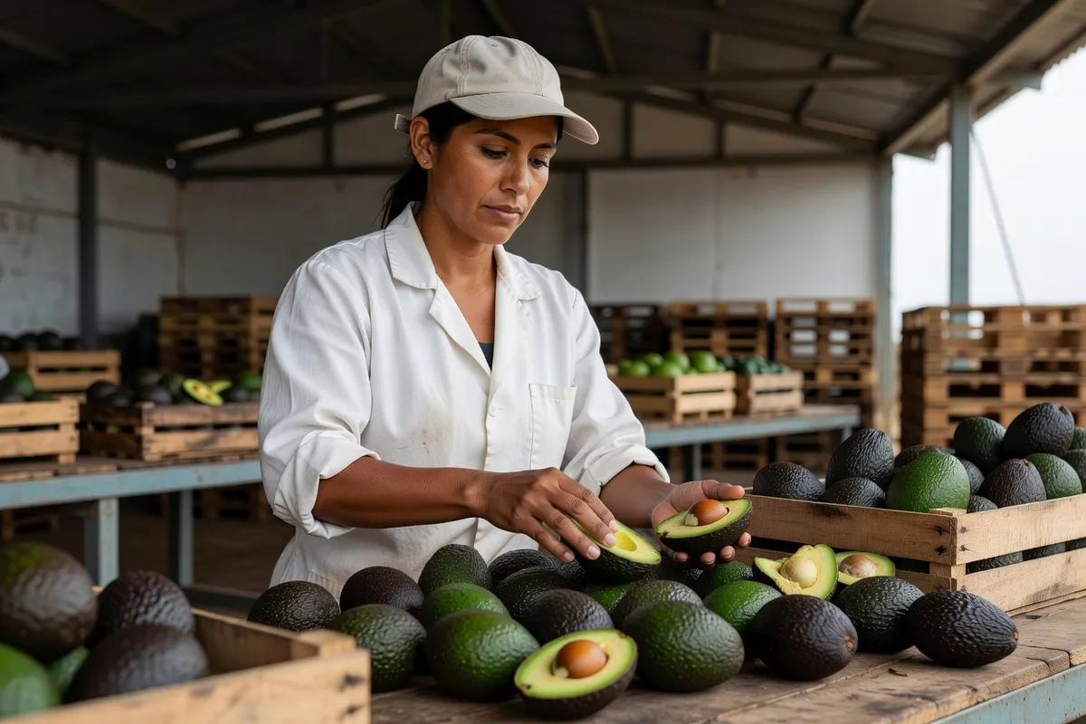 Ouvrière agricole triant des avocats Hass vert sombre dans des caisses, à l'ombre d'un hangar de conditionnement au Pérou
