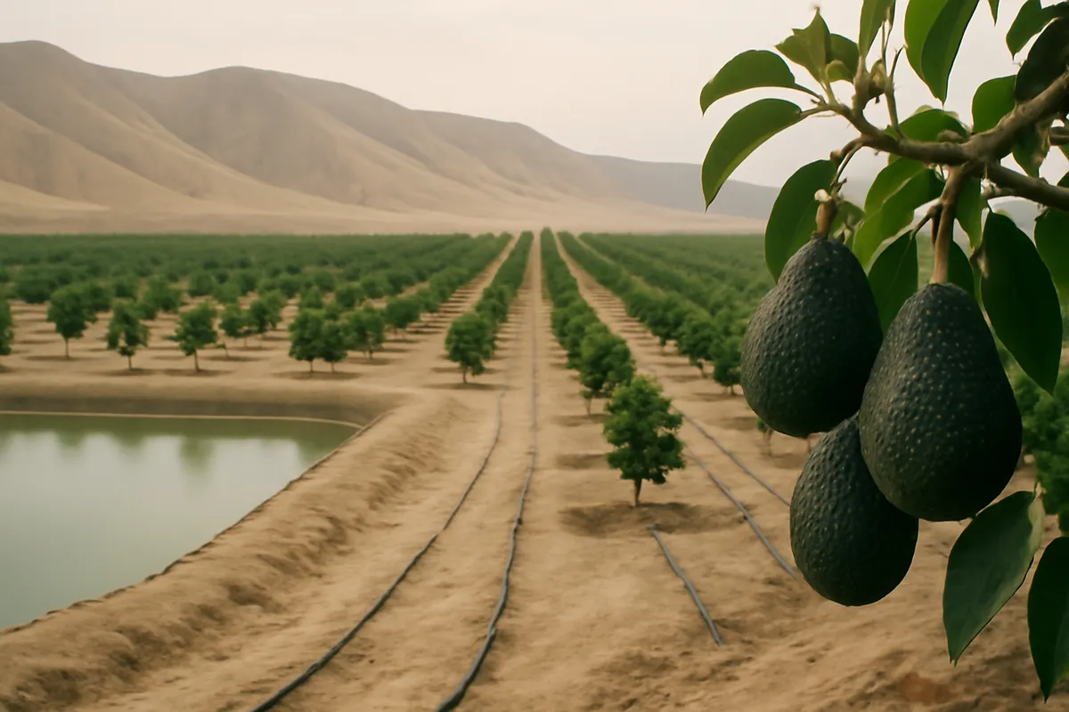 Rangées d'avocatiers irrigués au goutte-à-goutte au pied de collines désertiques ocre, sous un ciel voilé