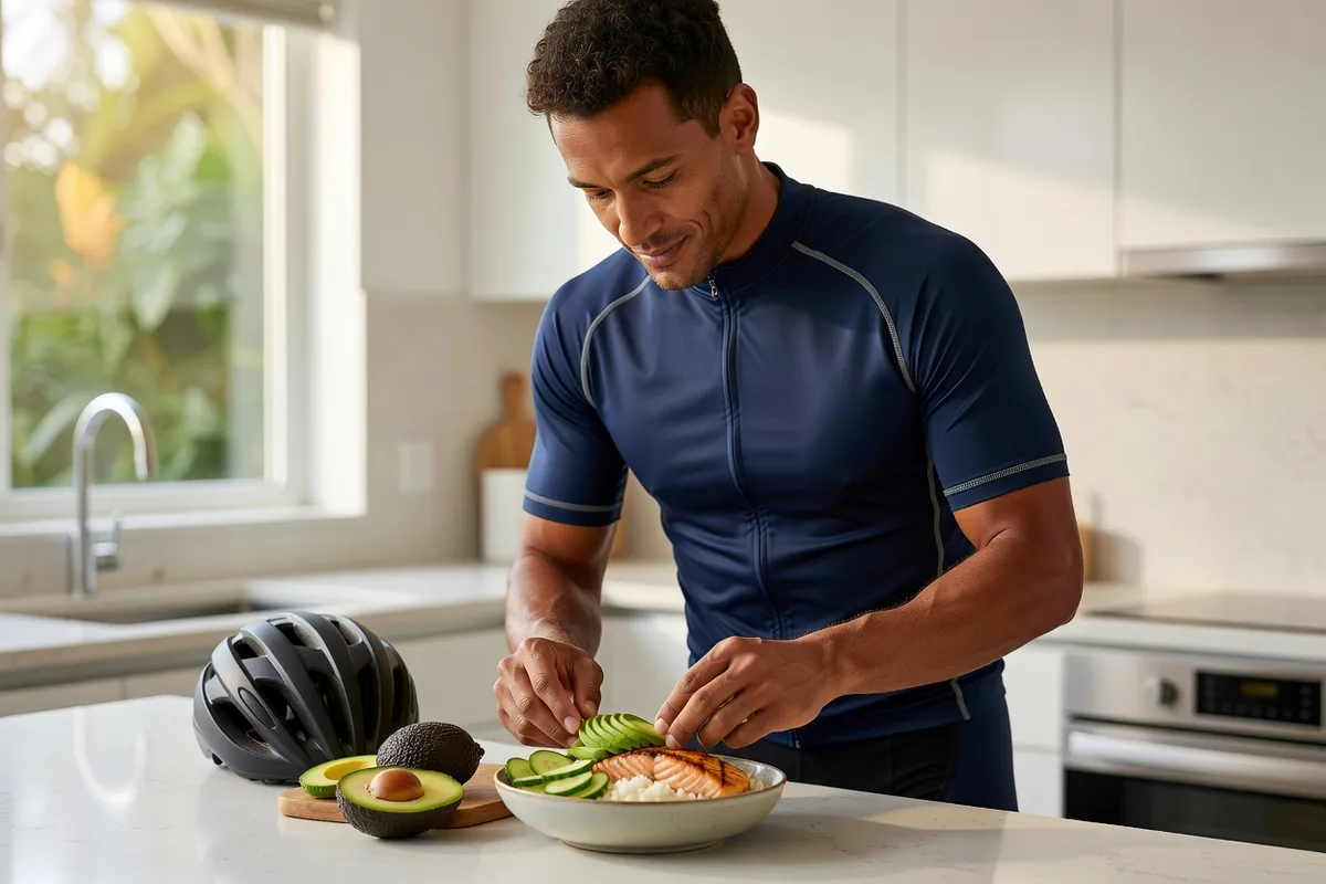 Cycliste préparant dans sa cuisine un bol de riz, saumon et tranches d'avocat après une sortie