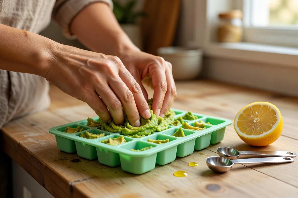 Mains d'une femme tassant de la purée d'avocat dans un bac à glaçons en silicone, avec un demi-citron pressé et des cuillères à mesure sur le plan de travail