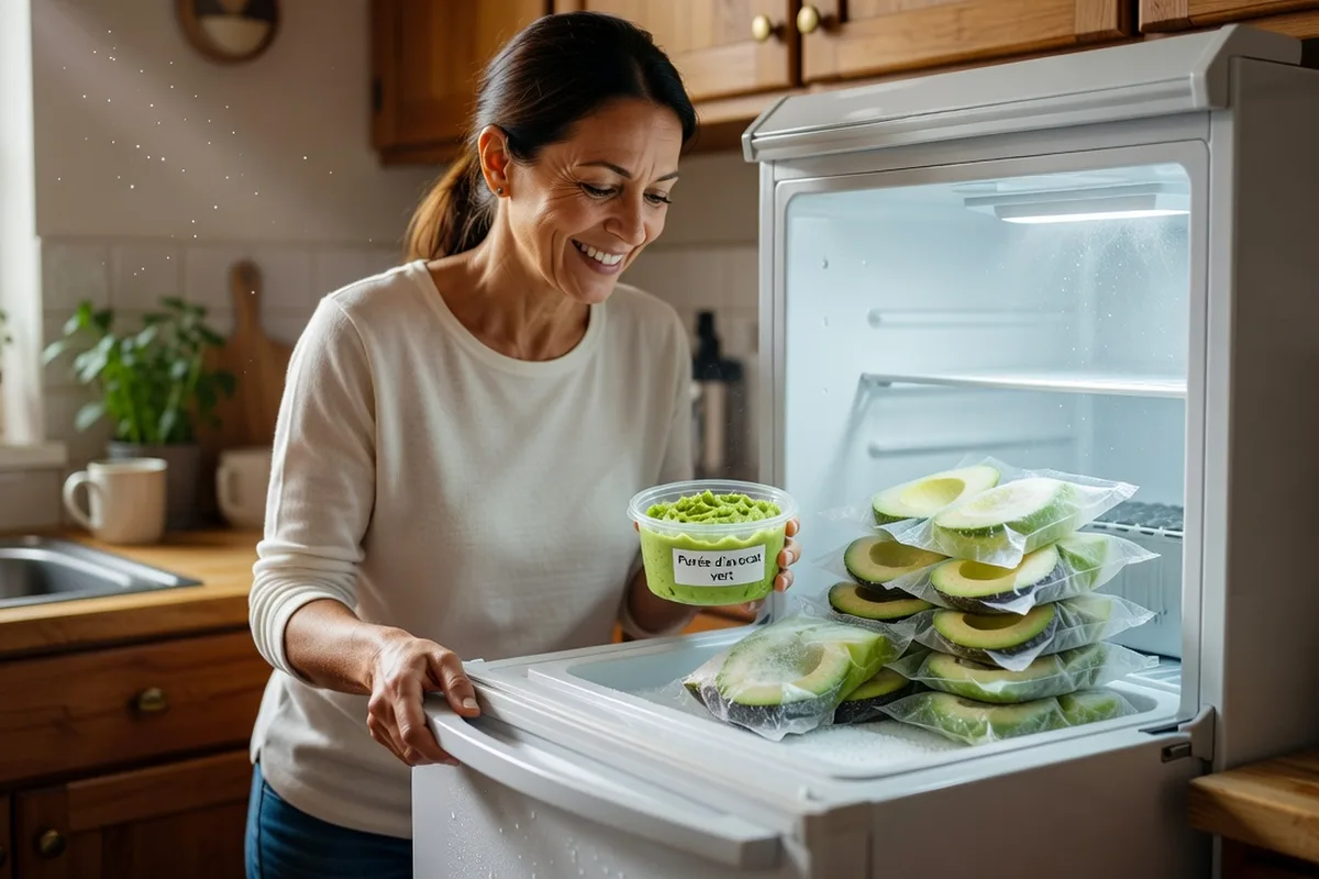 Femme souriante sortant un bac de purée d'avocat étiquetée du congélateur, des sachets de moitiés d'avocat empilés à côté des bacs de glaçons