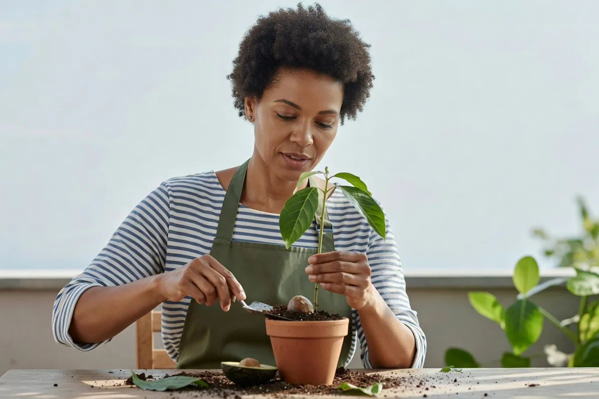Femme qui rempote un jeune plant d'avocatier dans un pot en terre cuite sur une table de balcon