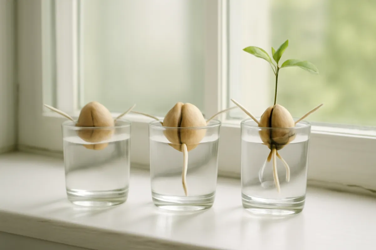 Trois noyaux d'avocat à différents stades de germination dans des verres d'eau alignés sur un rebord de fenêtre