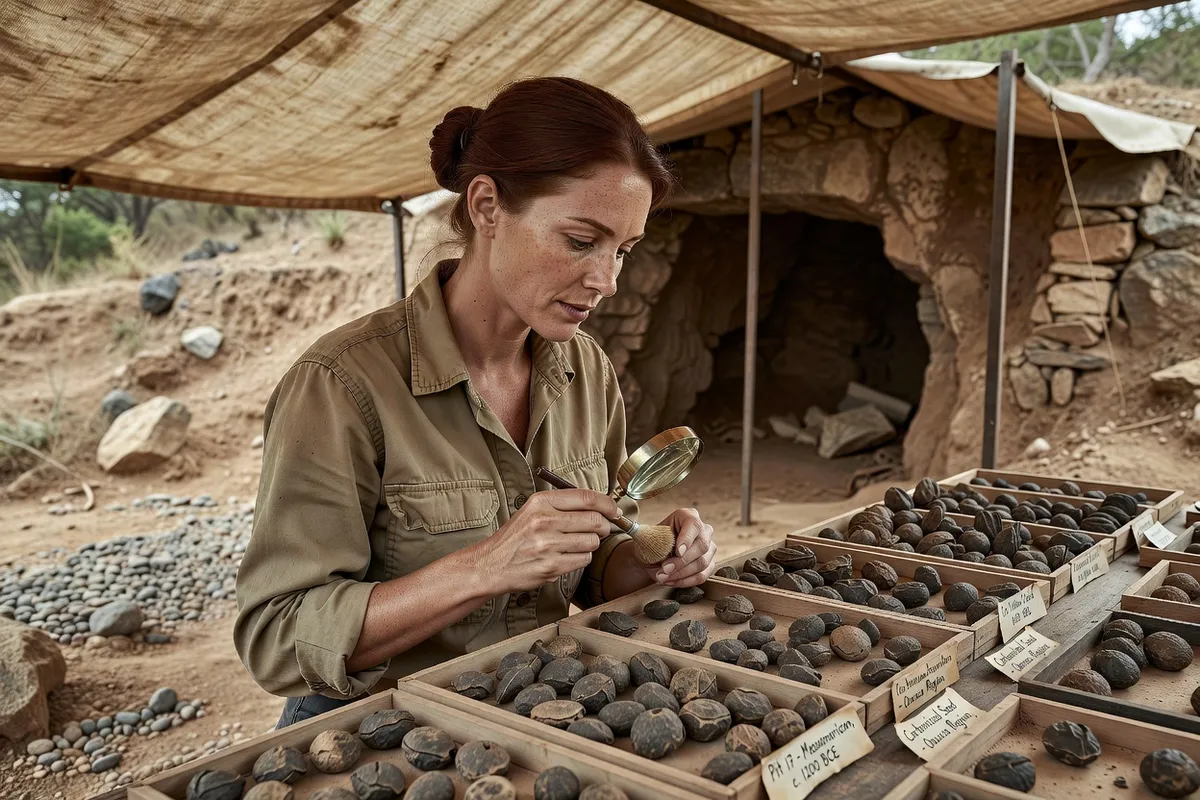 Femme en tenue de terrain examinant des noyaux d'avocat anciens sur une table de fouille archéologique