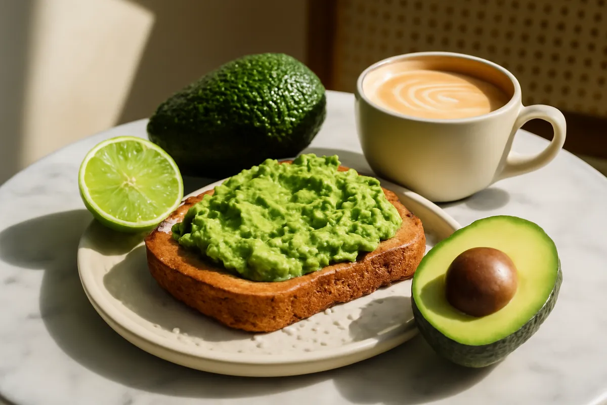 Tartine de pain au levain garnie d'avocat écrasé et de citron vert sur une table de café ensoleillée