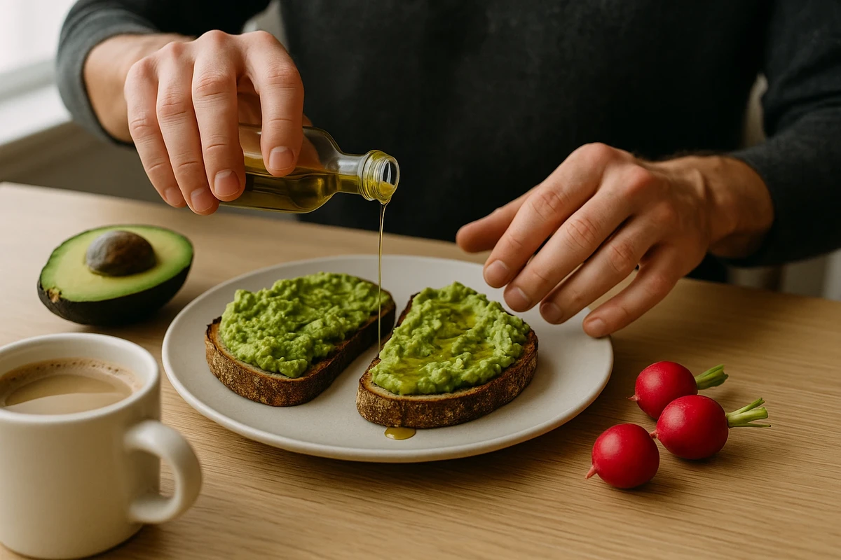 Mains versant un filet d'huile d'avocat sur des toasts de pain au levain garnis d'avocat écrasé, à côté d'un demi-avocat et d'une tasse de café
