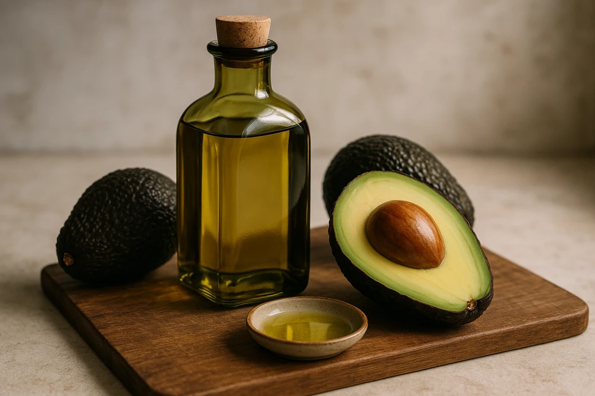 Flacon en verre ambré d'huile d'avocat dorée posé sur une planche en bois à côté d'avocats Hass entiers et d'un demi-avocat au noyau