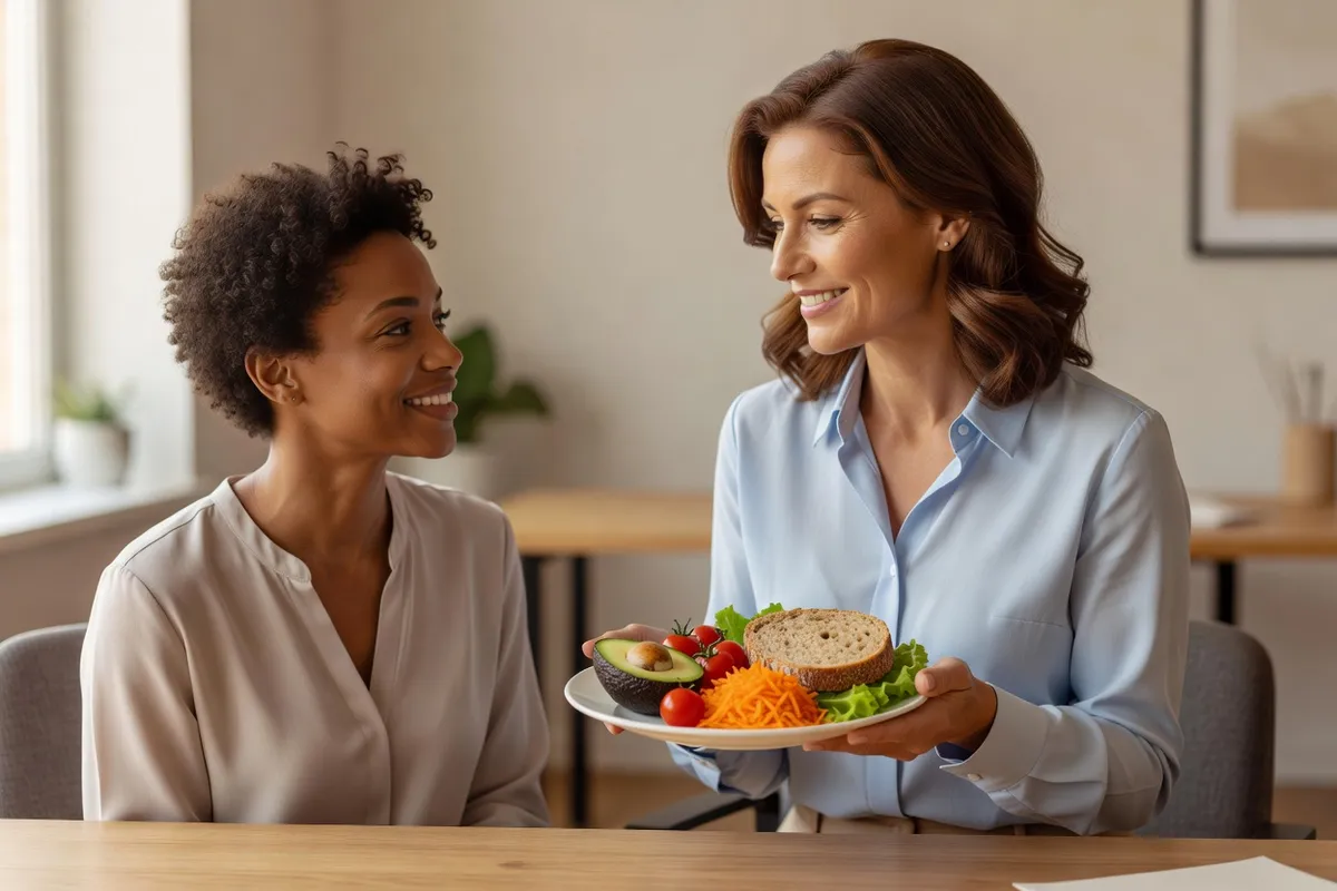 La diététicienne montre à une patiente une assiette équilibrée avec un demi-avocat, du pain complet et des crudités