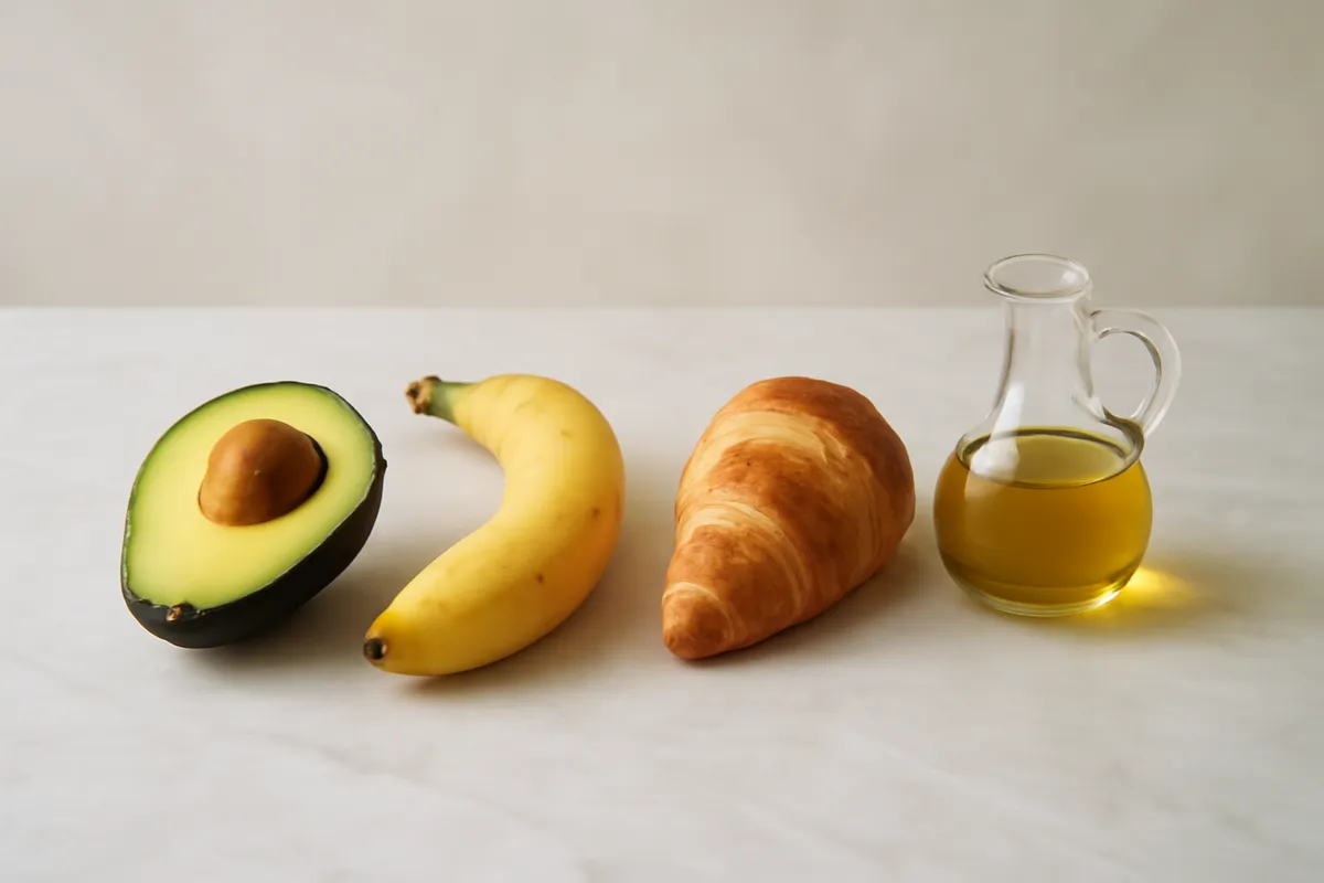 Demi-avocat Hass ouvert à côté d'une banane, d'un croissant et d'une burette d'huile d'olive sur une table en marbre clair