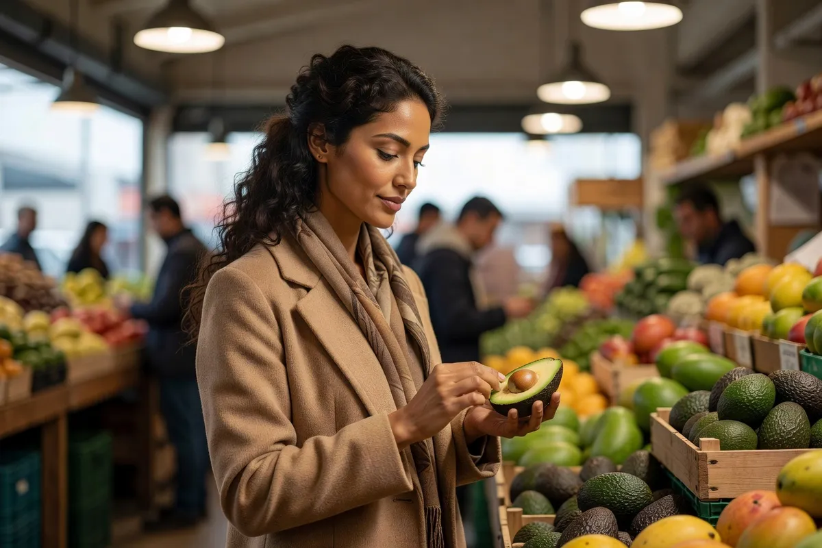 Une acheteuse en manteau presse un avocat Hass dans sa paume devant un étal de grossiste éclairé de nuit au marché de gros
