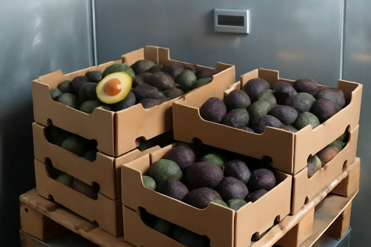 Cartons ouverts d'avocats Hass à différents stades, du vert au presque noir, empilés sur des palettes dans une chambre de mûrissage