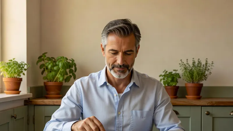Homme d'une cinquantaine d'années à barbe grise, en chemise bleu clair, attablé dans une cuisine aux herbes aromatiques pour son petit-déjeuner