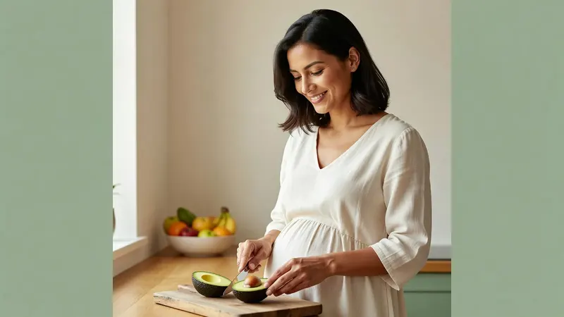 Jeune femme enceinte souriante coupant un avocat Hass en deux dans une cuisine lumineuse aux tons crème et vert tendre