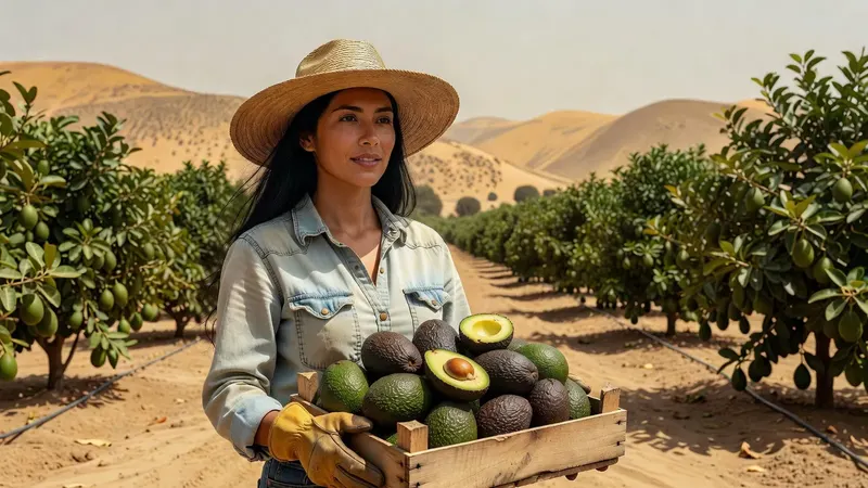Récoltante dans un verger d'avocatiers Hass au pied de collines désertiques, sur la côte péruvienne, une caisse de fruits à la main