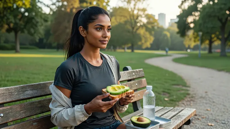 Coureuse en tenue de sport assise sur un banc de parc après l'effort, tenant une tartine de pain complet garnie d'avocat