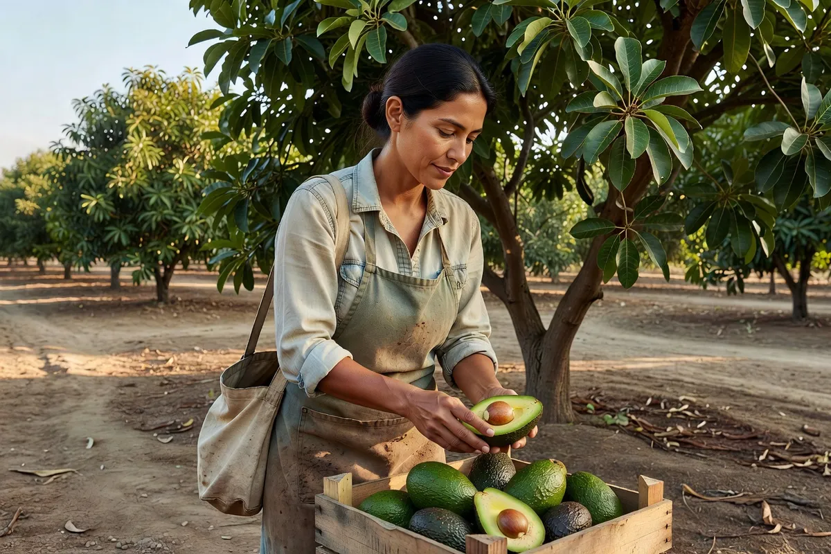 Une cueilleuse dépose des avocats Hass dans une caisse en bois au pied d'un avocatier, dans un verger côtier