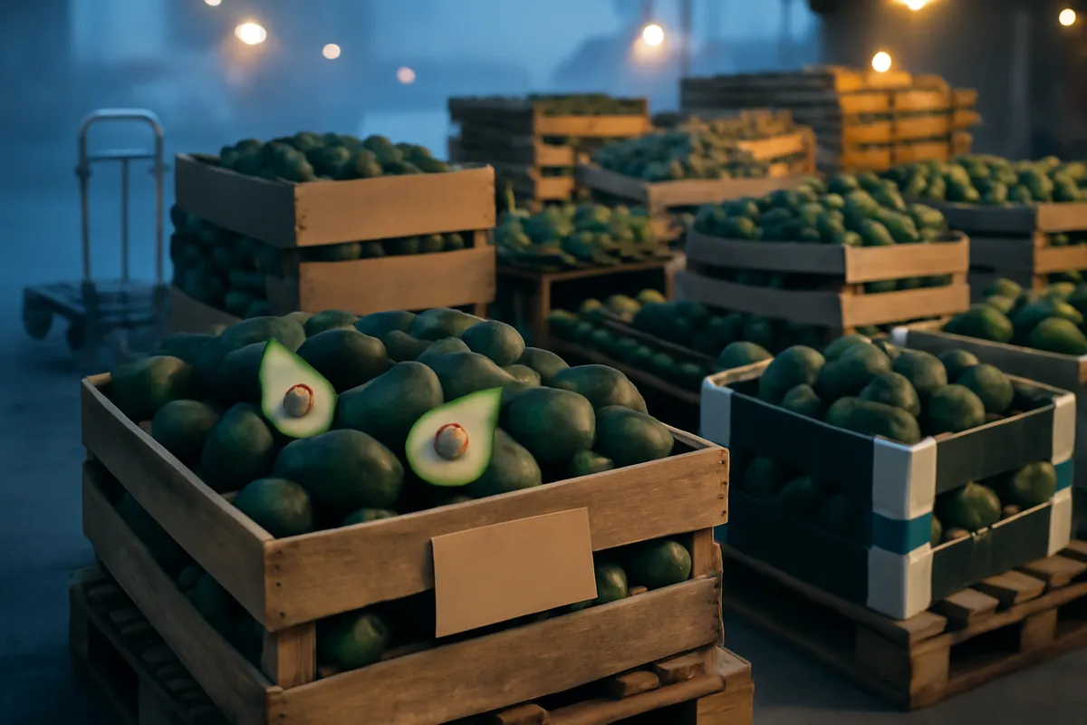 Caisses d'avocats Hass de plusieurs origines alignées sur un quai de marché de gros au petit matin