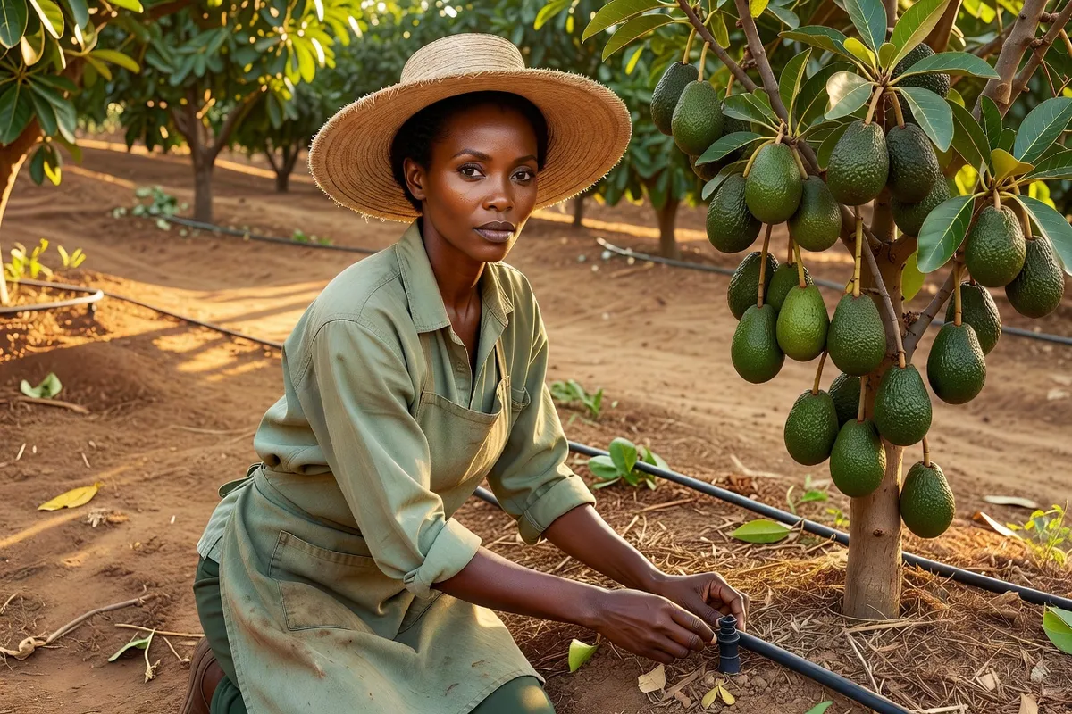 Agricultrice en chapeau de paille contrôlant un goutte-à-goutte au pied d'un avocatier chargé de fruits