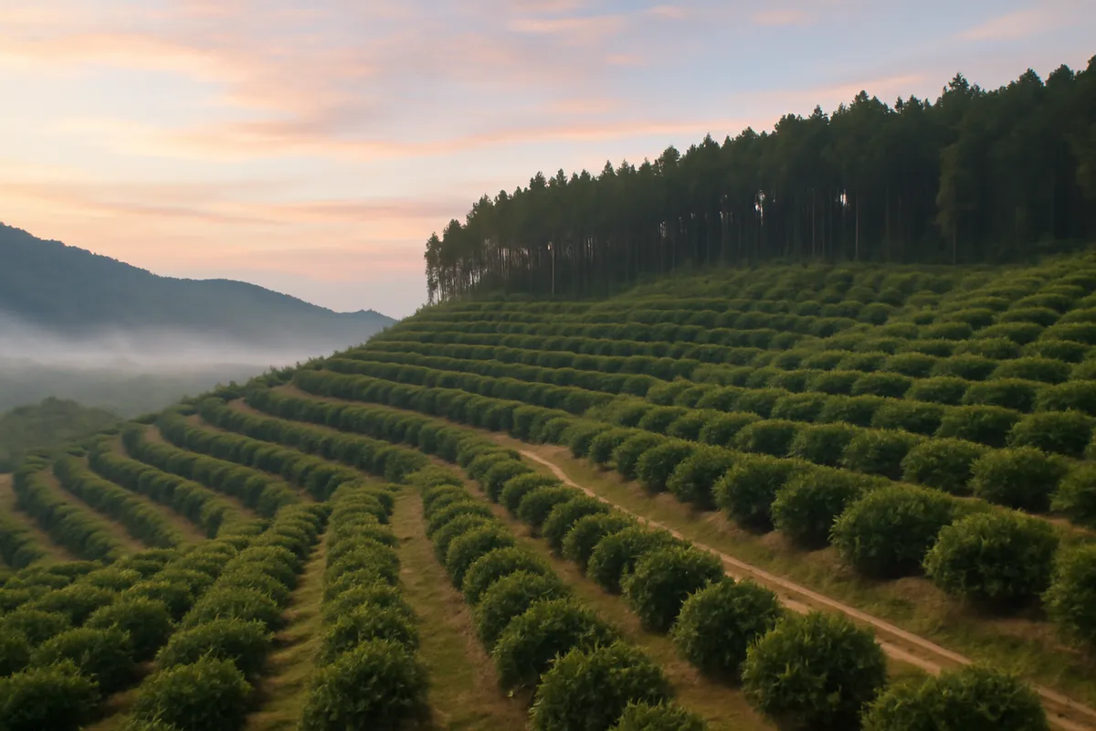 Verger d'avocatiers en terrasses bordé de forêt de pins sur une colline volcanique au petit matin