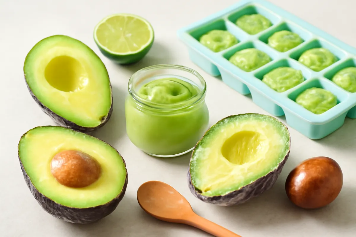 Demi-avocats citronnés, bocal de purée d'avocat et bac à glaçons de purée prête à congeler sur un plan de travail clair