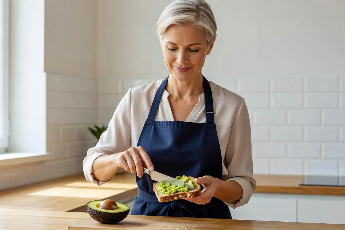 Femme qui étale de l'avocat écrasé sur une tartine de pain complet dans une cuisine lumineuse