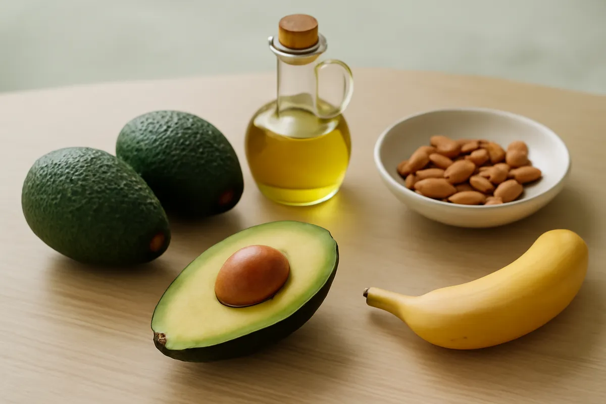 Avocats Hass entiers et coupés, huile d'olive, amandes et banane disposés sur une table en bois clair