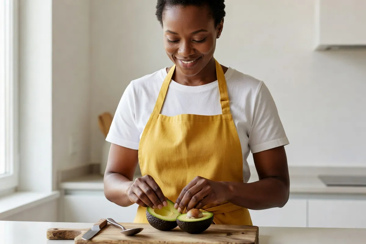 Jeune femme ouvrant un avocat Hass sur une planche en bois en faisant pivoter les deux moitiés autour du noyau