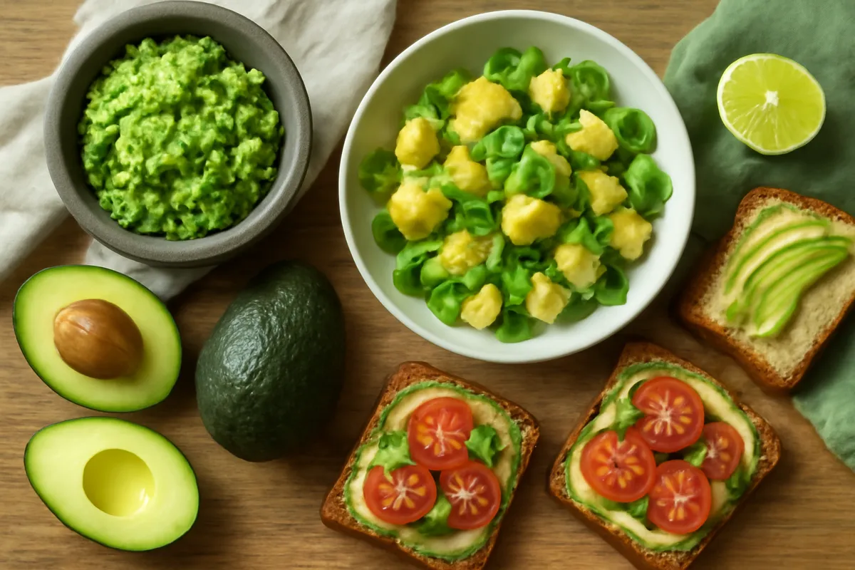 Table vue de dessus avec un bol de guacamole, une salade de pommes de terre à l'avocat, des tartines et des demi-avocats Hass
