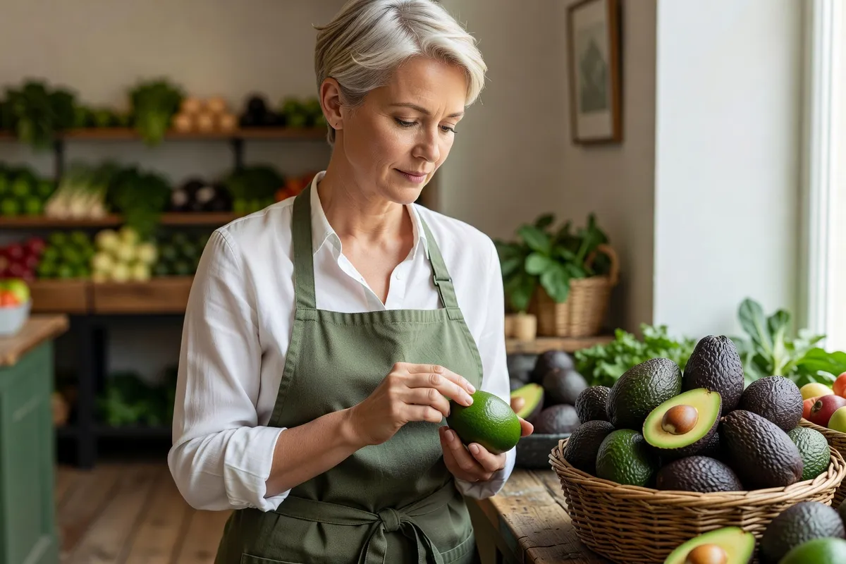 Femme comparant dans ses mains un avocat Hass noir et granuleux et un Fuerte vert et lisse devant un étal de primeur