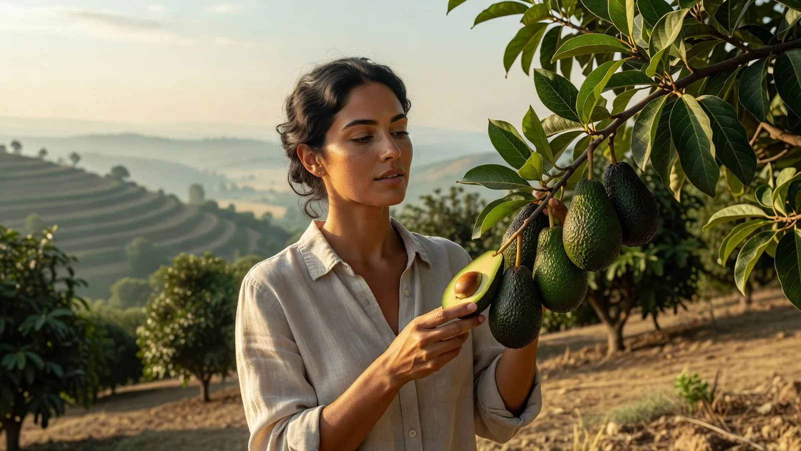 Une femme en chemise de lin inspecte des avocats Hass sur un arbre, dans un verger en terrasses au soleil du matin