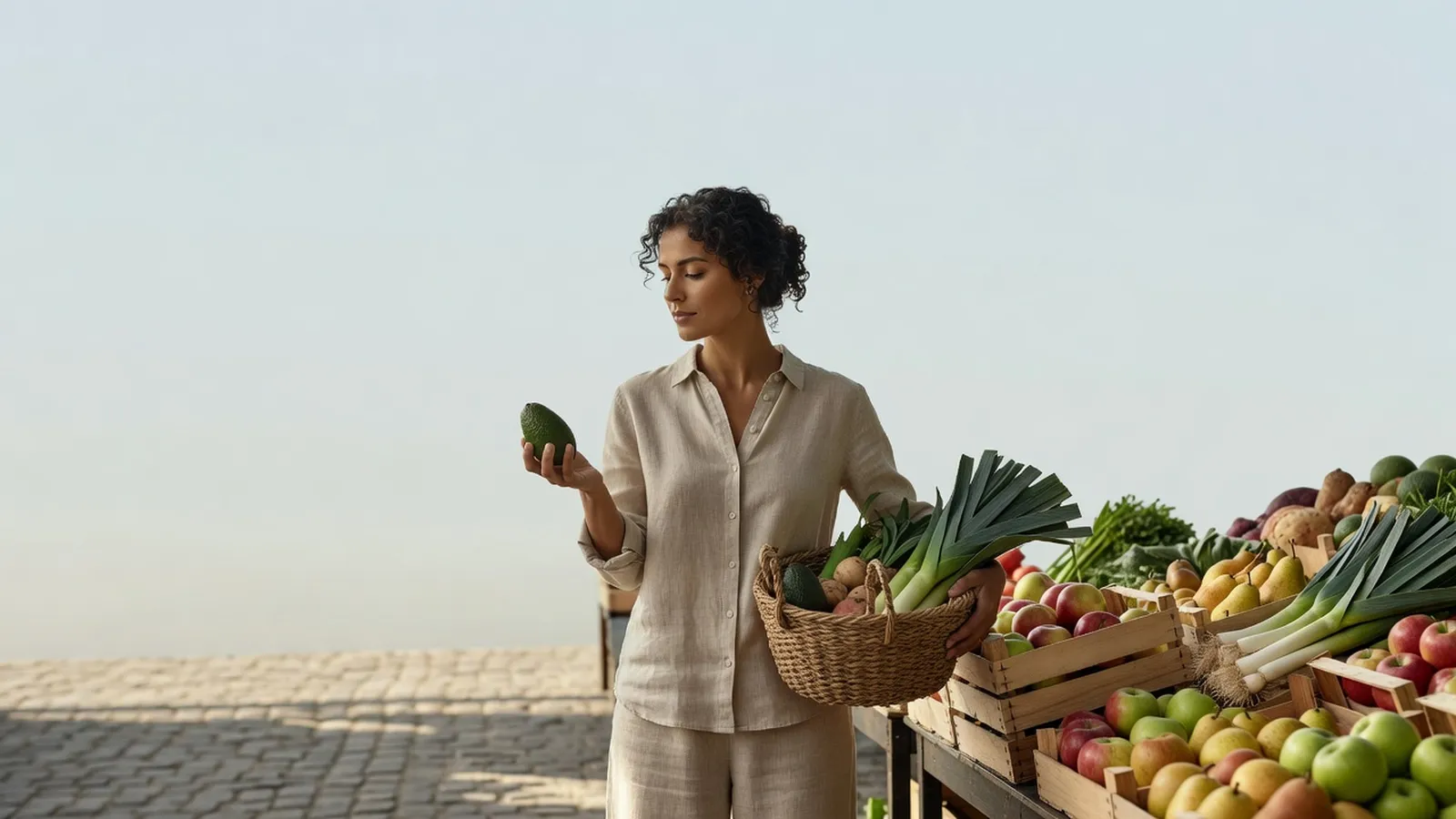 Femme en chemise de lin tenant un avocat Hass dans sa paume devant un étal de fruits et légumes de saison, panier de poireaux au bras