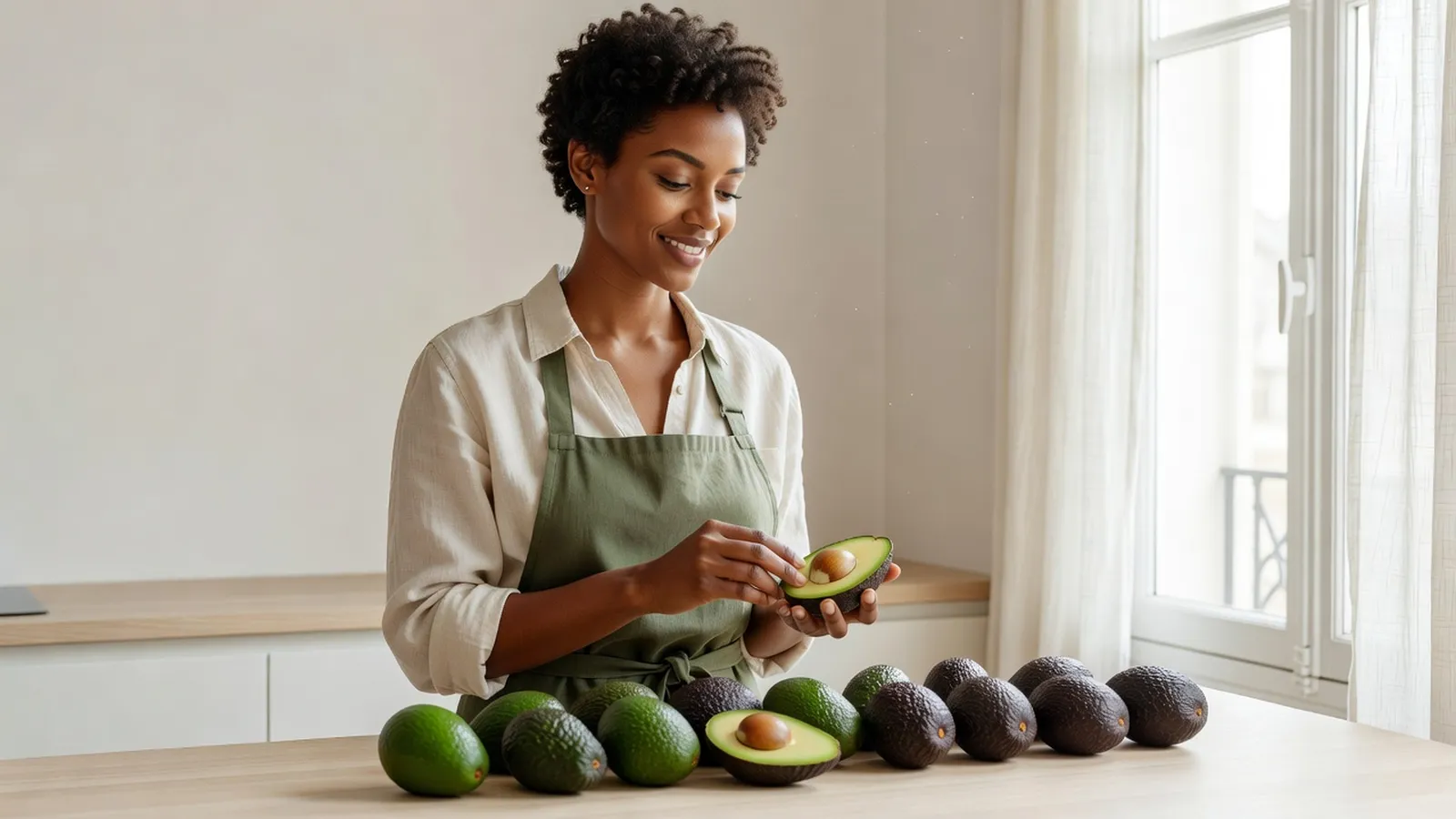 Femme dans une cuisine lumineuse tenant un avocat Hass dans la paume pour tester sa souplesse, avocats à différents stades de maturité sur le plan de travail