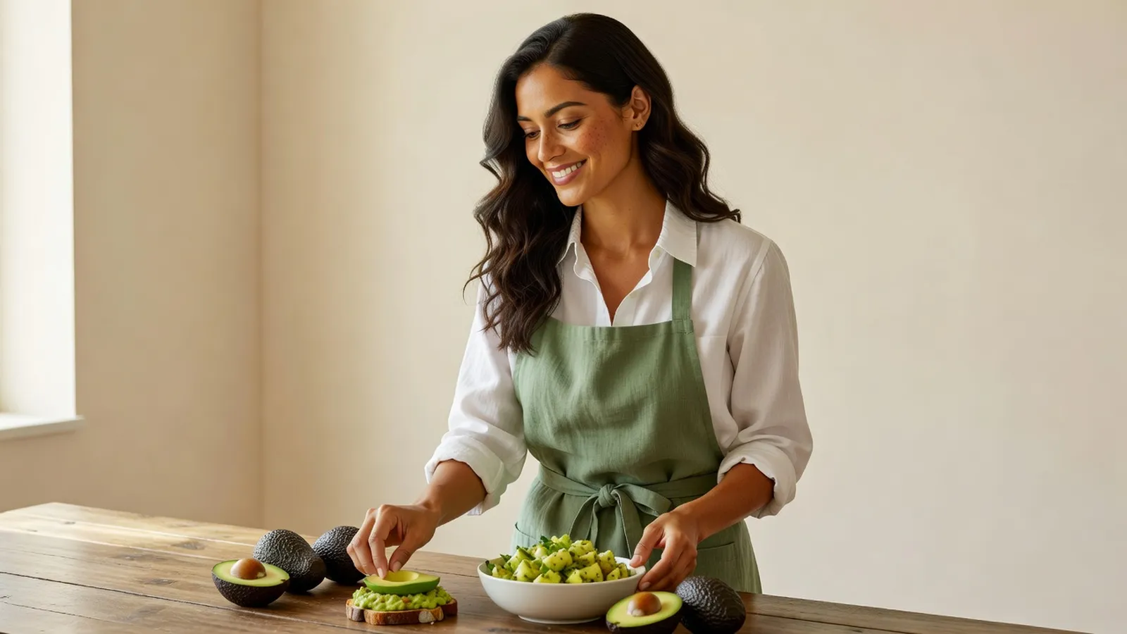 Jeune femme souriante dressant des assiettes de salade, de tartines et de guacamole à l'avocat sur une grande table en bois baignée de lumière