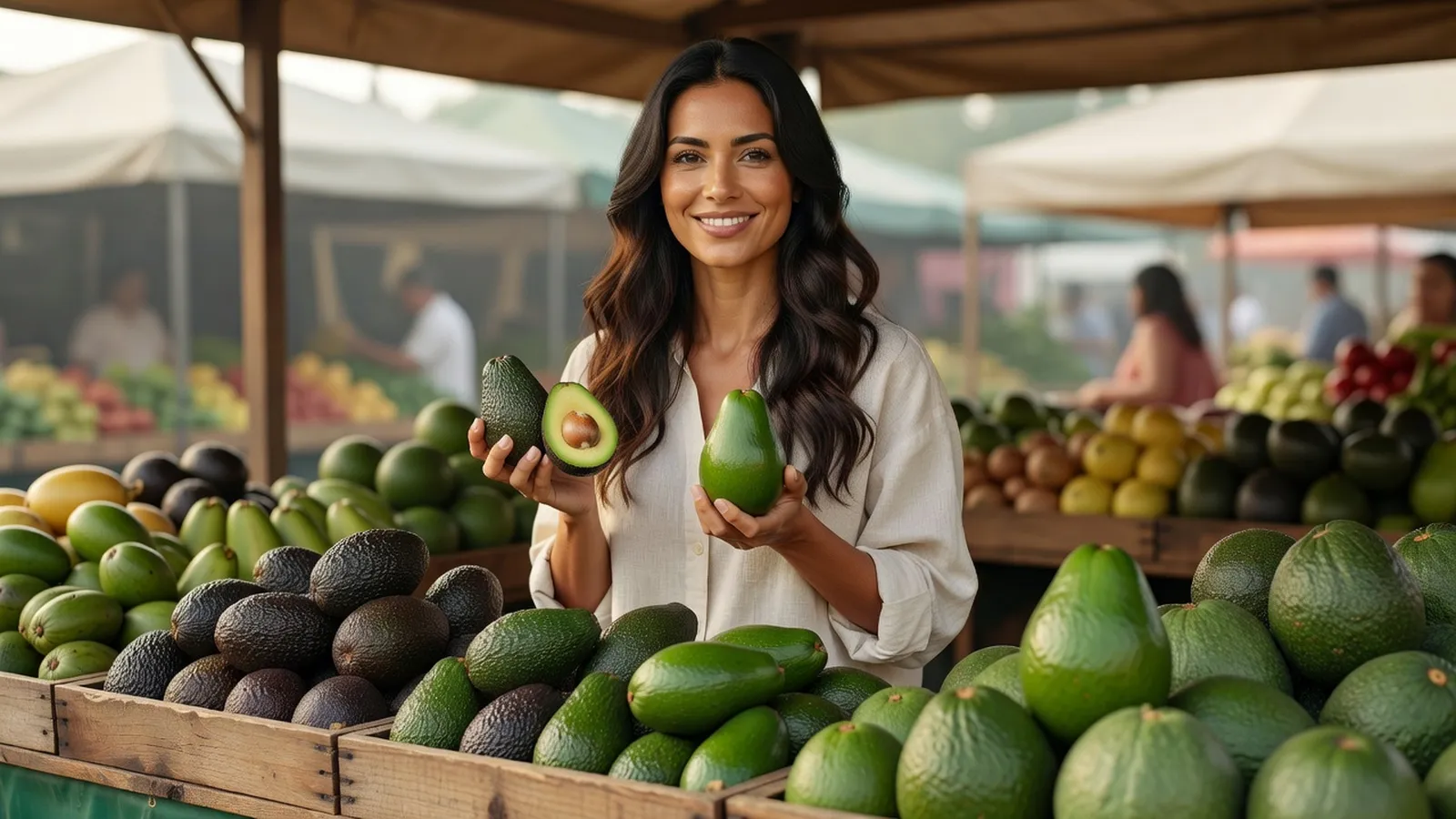 Femme souriante sur un marché tenant un avocat Hass à peau noire et un avocat vert à peau lisse devant un étal de variétés