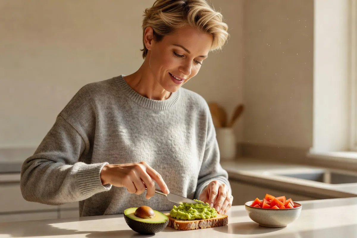 Jeune femme étalant de l'avocat écrasé sur une tartine de pain complet grillé dans une cuisine baignée de soleil matinal