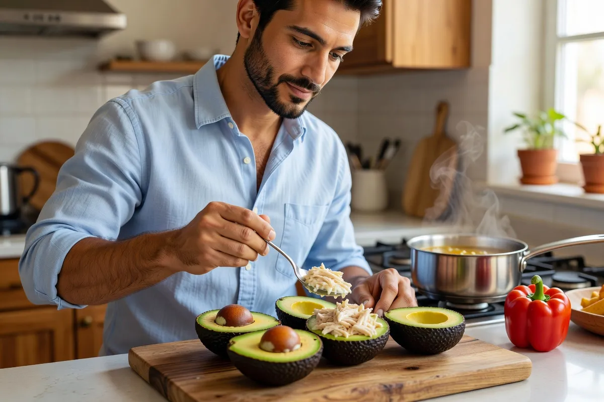 Homme en chemise claire garnissant des demi-avocats de poulet effiloché dans une cuisine lumineuse