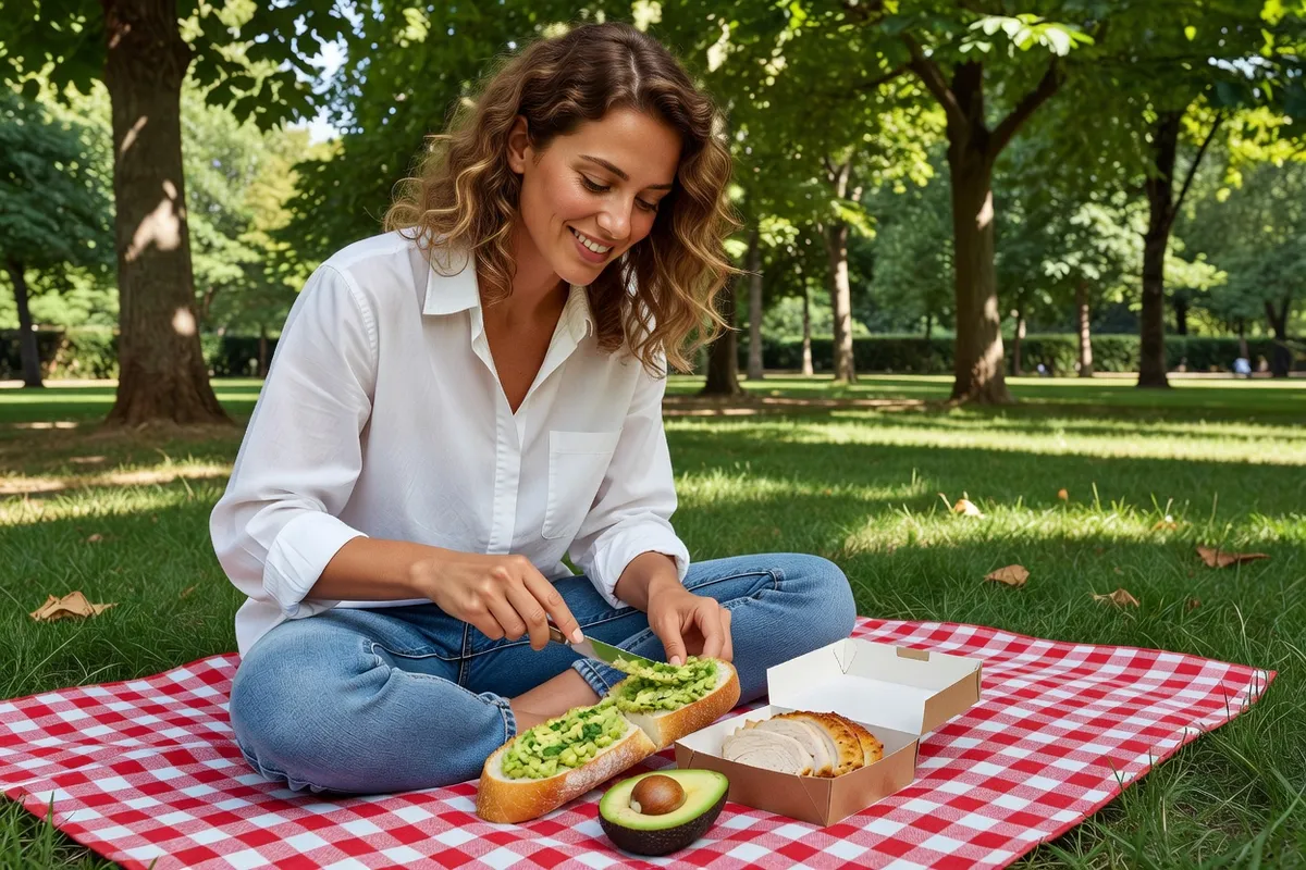Jeune femme tartinant de crème d'avocat au cresson une baguette ouverte, sur une nappe de pique-nique dans un parc