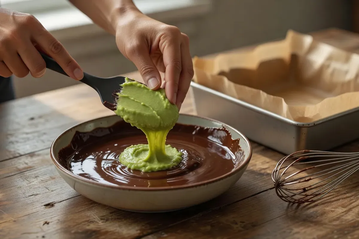 Mains incorporant une purée d'avocat lisse dans du chocolat noir fondu, avec un moule carré chemisé de papier cuisson à côté