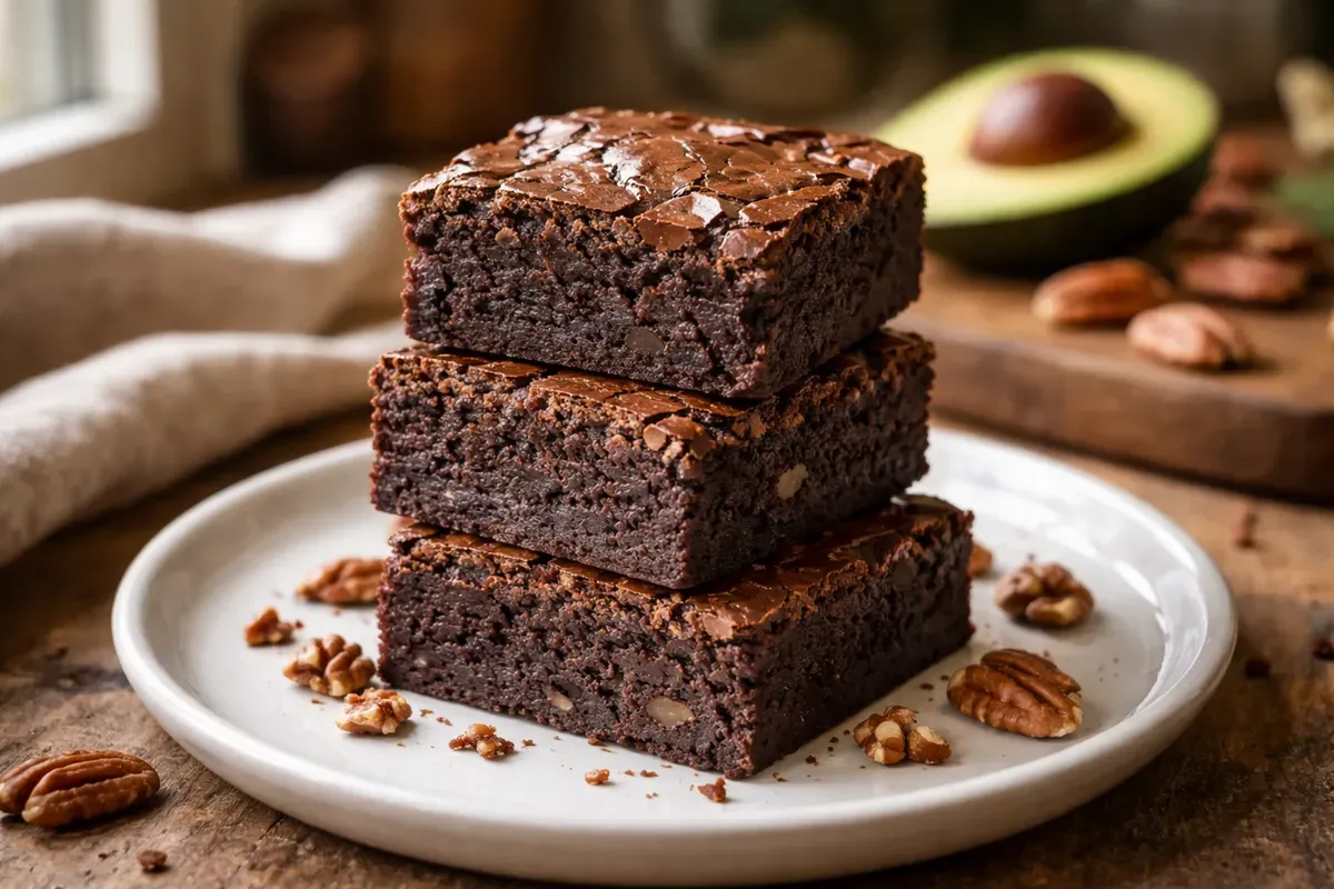 Trois carrés de brownie fondant empilés sur une assiette blanche, mie dense et croûte craquelée, avec des noix de pécan et un demi-avocat en arrière-plan