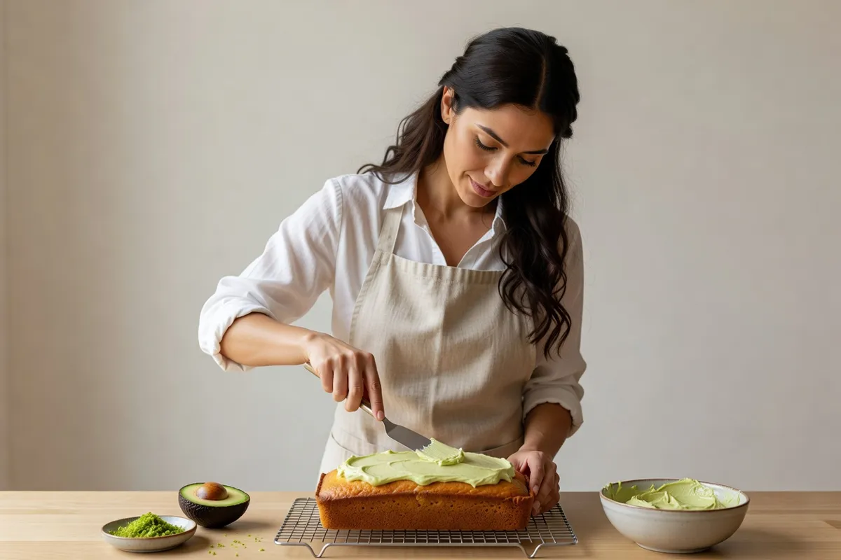 Femme en tablier de lin étalant un glaçage vert pâle à l'avocat sur un cake au citron vert refroidi