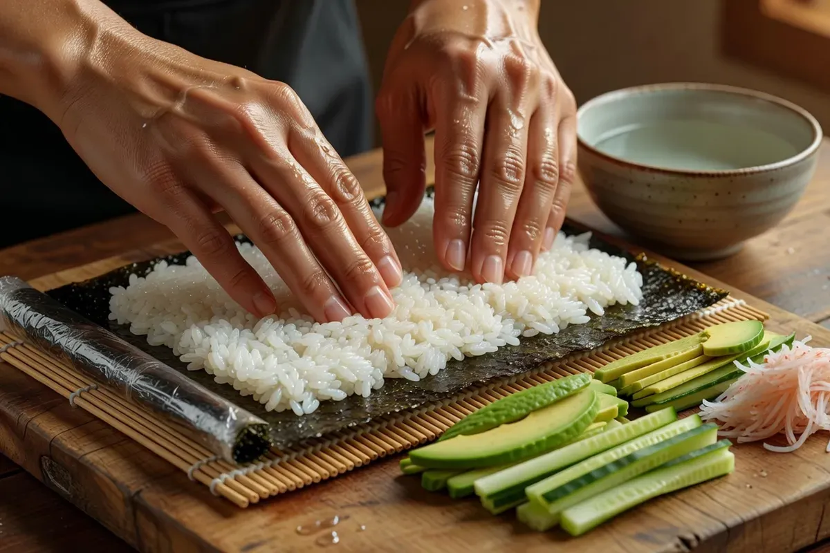Mains mouillées étalant une fine couche de riz à sushi sur une feuille de nori posée sur un tapis en bambou, avec avocat, concombre et surimi alignés à côté