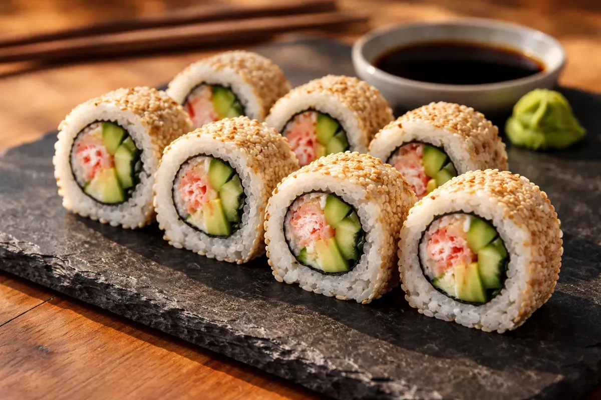 Nature morte de huit California rolls enrobés de sésame, coupés en pièces égales, avec lamelles d'avocat vert vif et bâtonnets de surimi rouge et blanc